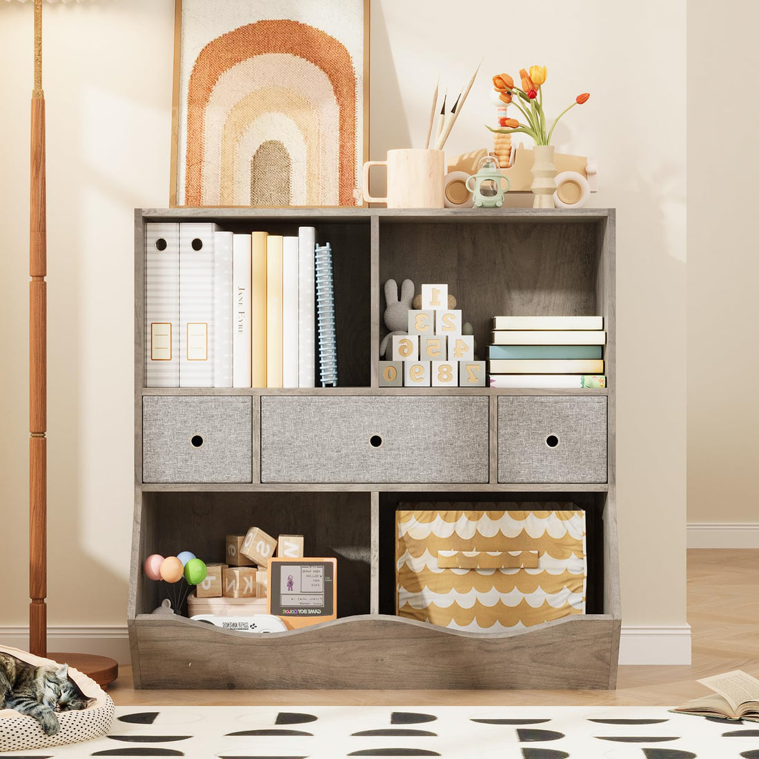 Grand meuble de rangement pour jouets Garvee à 7 compartiments et 3 tiroirs, idéal pour la salle de jeux et le couloir, gris, 93 cm (L) x 39 cm (l) x 93 cm (H)