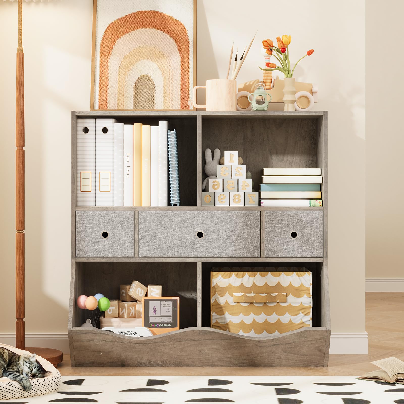 Grand meuble de rangement pour jouets Garvee à 7 compartiments et 3 tiroirs, idéal pour la salle de jeux et le couloir, gris, 93 cm (L) x 39 cm (l) x 93 cm (H)