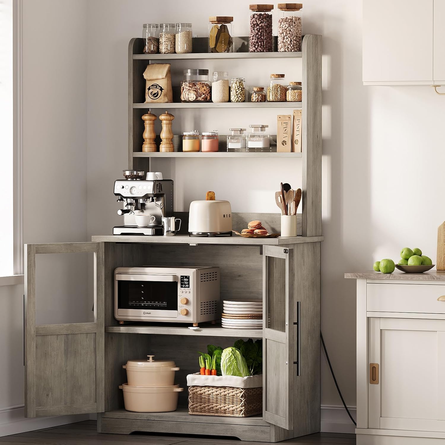 Étagère de boulangerie Garvee avec 2 portes vitrées, prise électrique, plan de travail épais en MDF, grand espace de rangement, gris rétro pour cuisine et salle à manger, 78 cm (L) x 40 cm (l) x 160 cm (H)