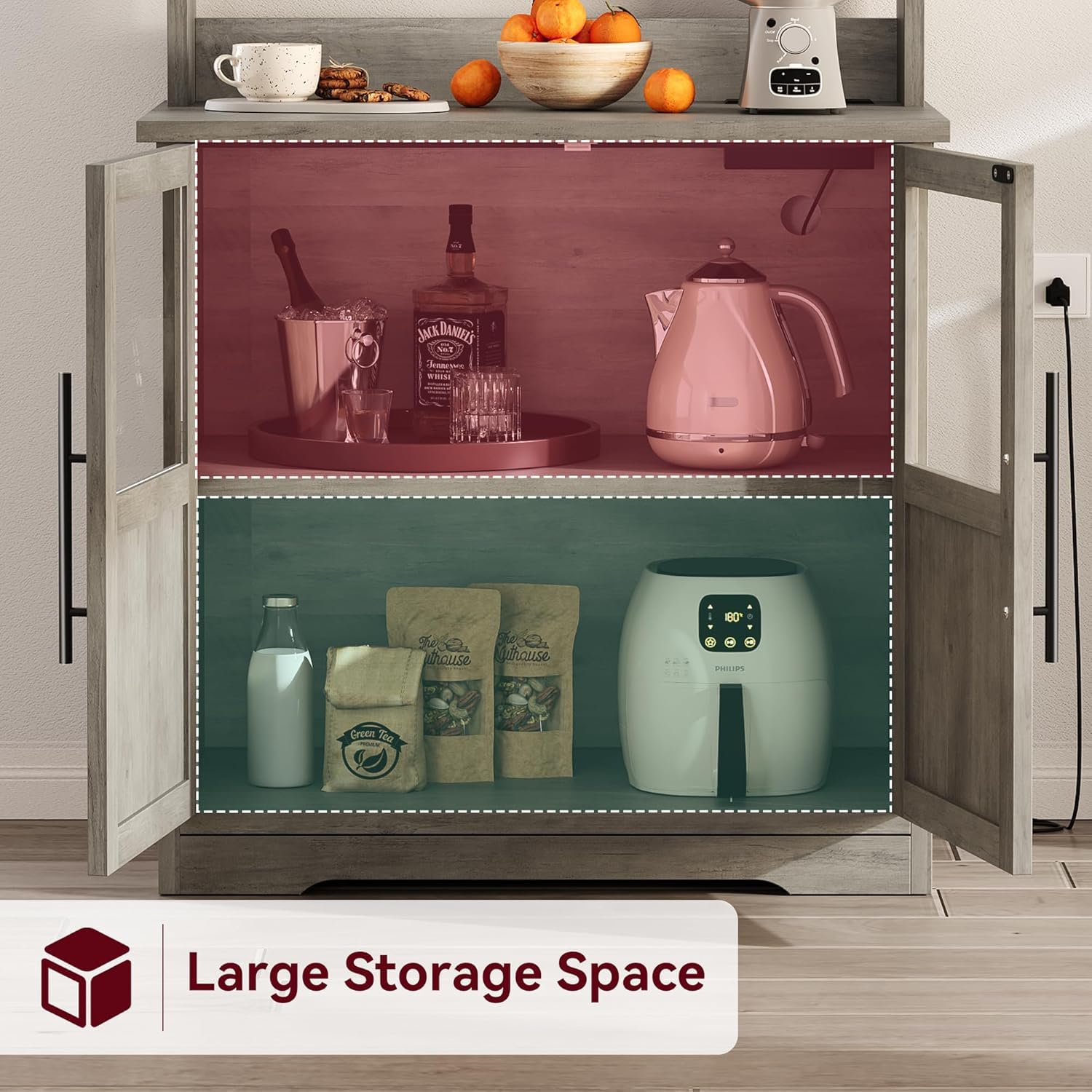 Étagère de boulangerie Garvee avec 2 portes vitrées, prise électrique, plan de travail épais en MDF, grand espace de rangement, gris rétro pour cuisine et salle à manger, 78 cm (L) x 40 cm (l) x 160 cm (H)