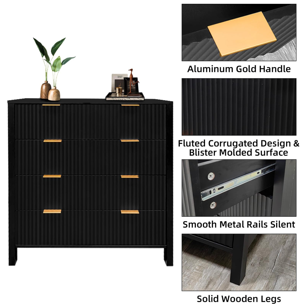 Garvee commode à 4 tiroirs, commode haute cannelée avec poignées en métal, noir, pour la chambre et le salon