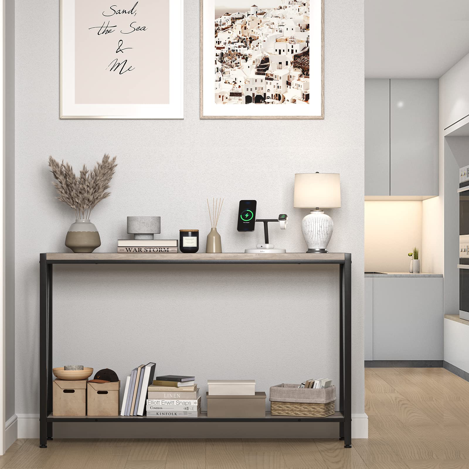 Garvee Console d’entrée industrielle 2 niveaux, table étroite 109 cm avec rangement, design en V, idéale pour entrée, salon et couloir, gris.