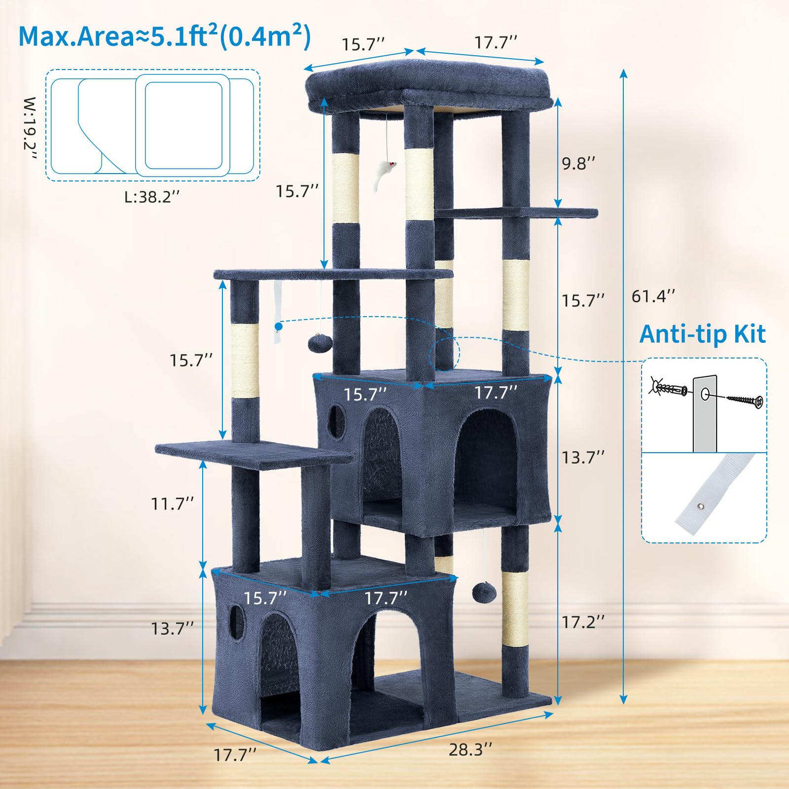 Garvee Arbre à Chat 155 cm Multi-Niveaux pour Grands Chats, Grande Plateforme, 2 Niches Spacieuses, Sisal Naturel, Jouets Suspendus, Intérieur