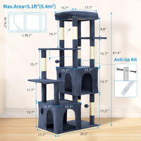 Garvee Arbre à Chat 155 cm Multi-Niveaux pour Grands Chats, Grande Plateforme, 2 Niches Spacieuses, Sisal Naturel, Jouets Suspendus, Intérieur