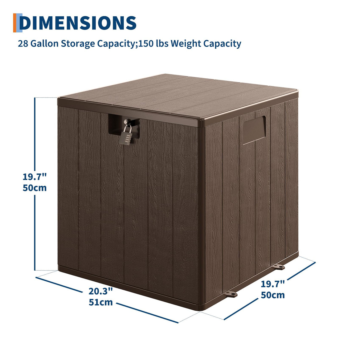 Coffre de jardin Garvee 28 gallons en résine - Résistant aux intempéries et aux UV - Verrouillable et portable - Marron - Pour jardin et terrasse