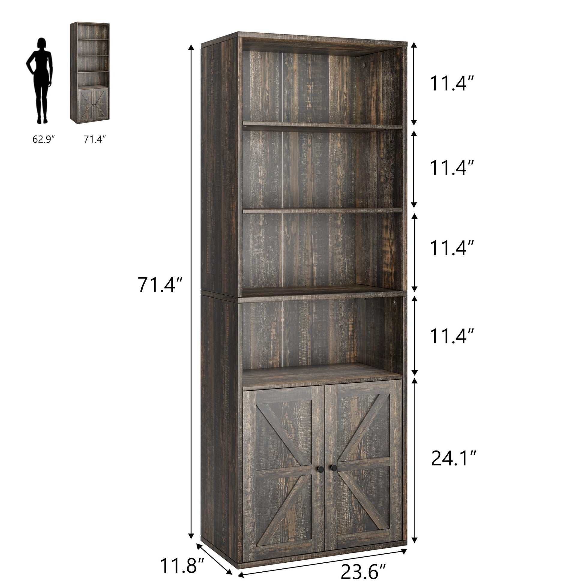 Bibliothèque Garvee avec portes, style industriel, 6 étagères, profondeur, capacité de charge 30 kg, design rustique en bois, pour bureau et salon, blanc