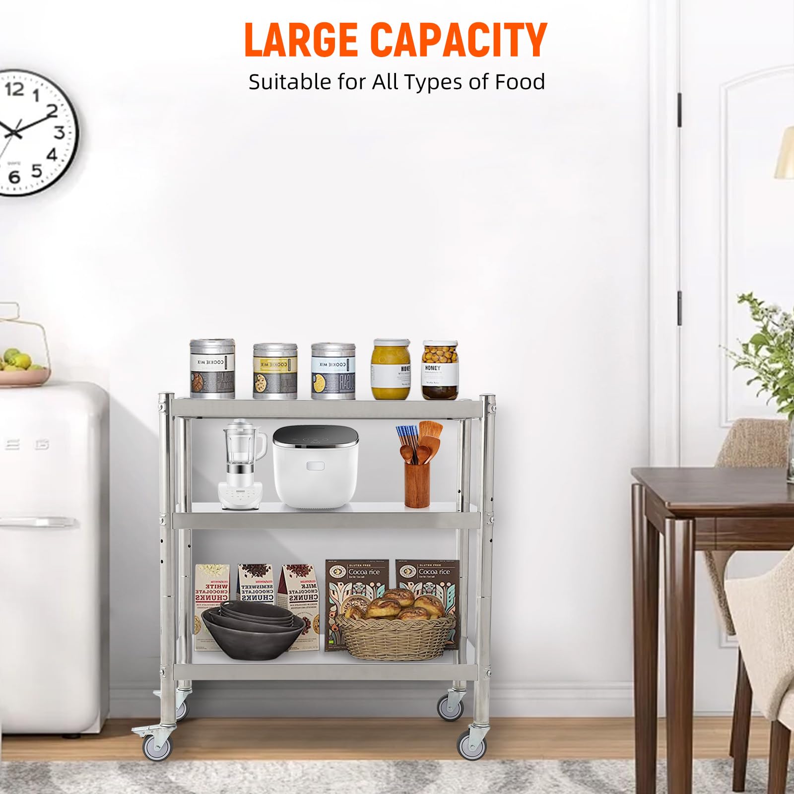 Étagère Garvee en acier inoxydable 81 x 41 x 91 cm, 3 niveaux, hauteur réglable, antirouille, robuste, idéale pour la cuisine et le rangement, couleur argent.