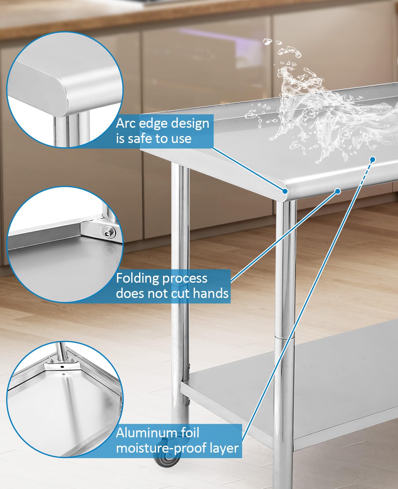 Garvee Table de préparation inox avec 5 crochets et roulettes, meuble mobile pour cuisine professionnelle