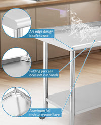 Garvee Table de préparation inox avec 5 crochets et roulettes, meuble mobile pour cuisine professionnelle