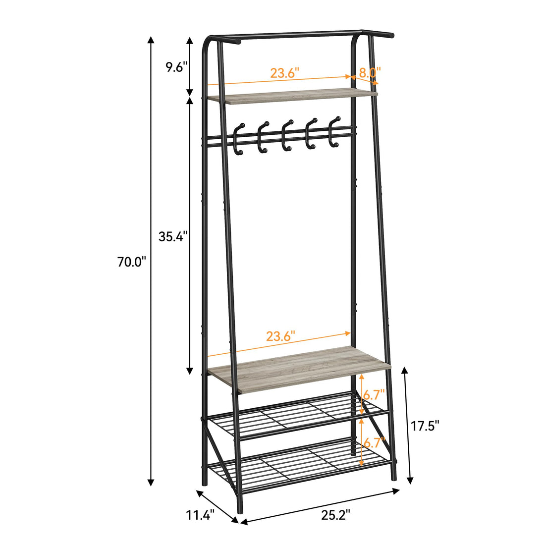 Garvee banc d'entrée multifonctionnel 4 en 1, Avec 5 crochets, un porte-chaussures et une structure métallique aspect bois pour l'entrée et le salon