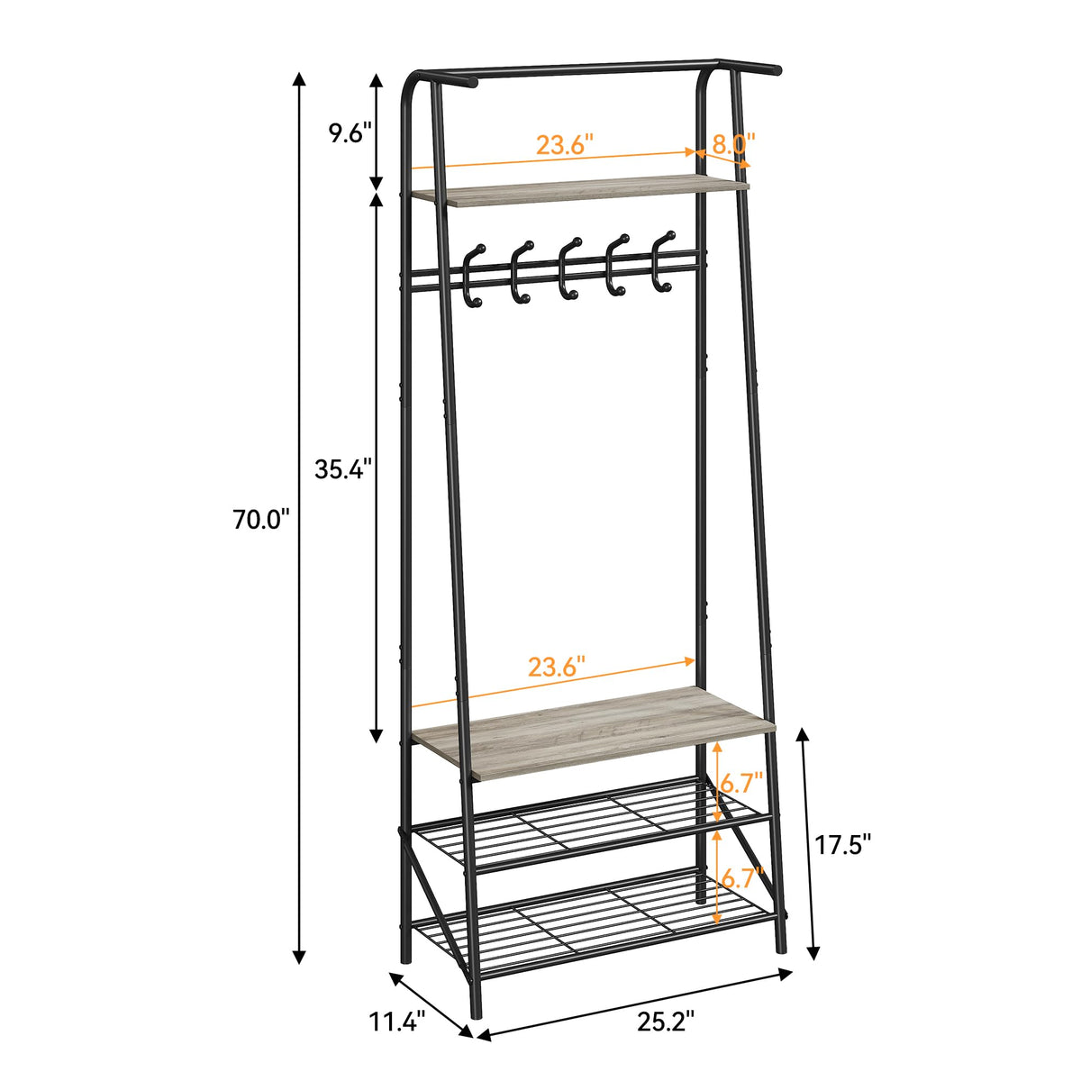 Garvee banc d'entrée multifonctionnel 4 en 1, Avec 5 crochets, un porte-chaussures et une structure métallique aspect bois pour l'entrée et le salon