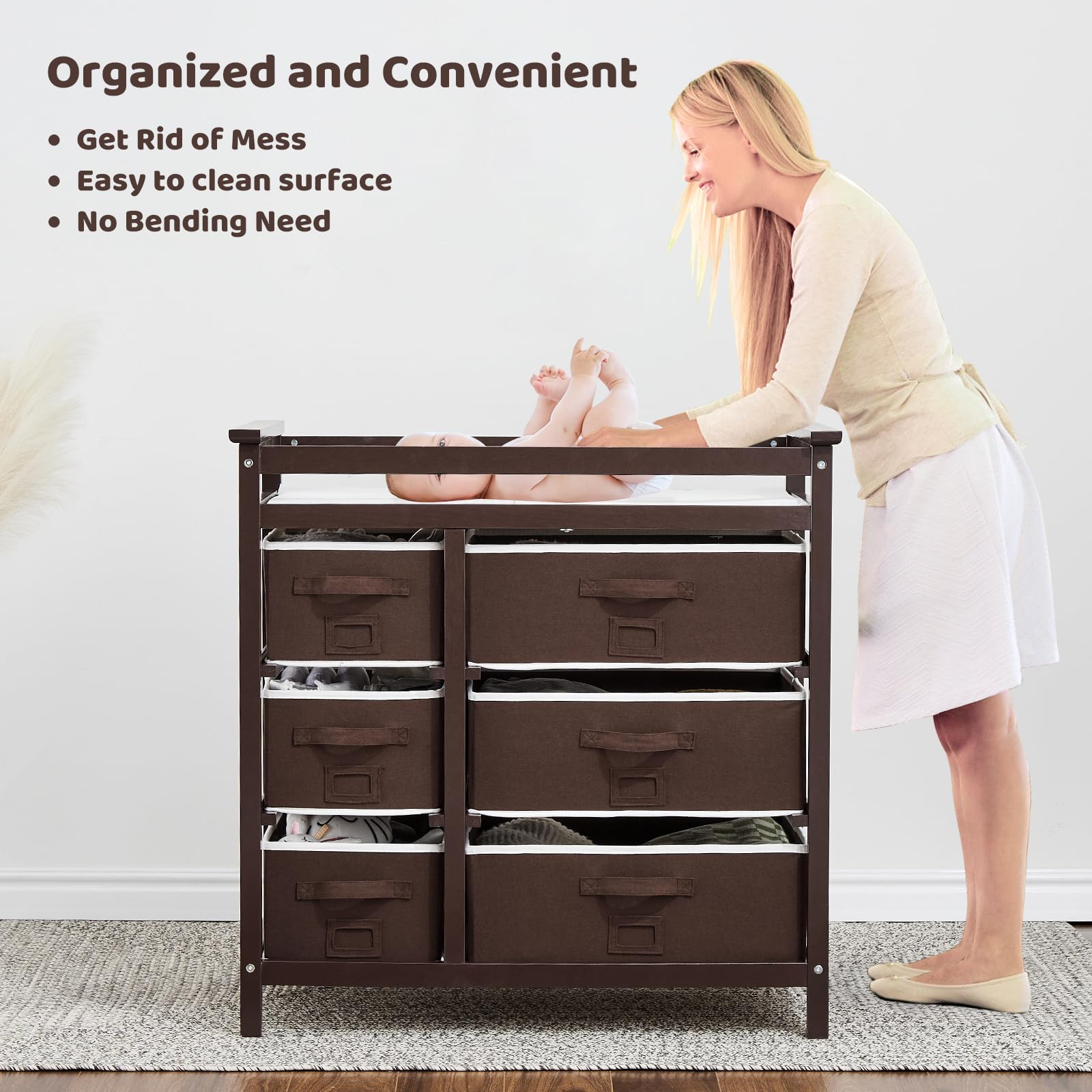 Table à langer Garvee pour bébé avec 6 tiroirs, barrières de sécurité, hauteur réglable pour nouveau-nés et nourrissons, bois, tapis imperméable, facile à nettoyer