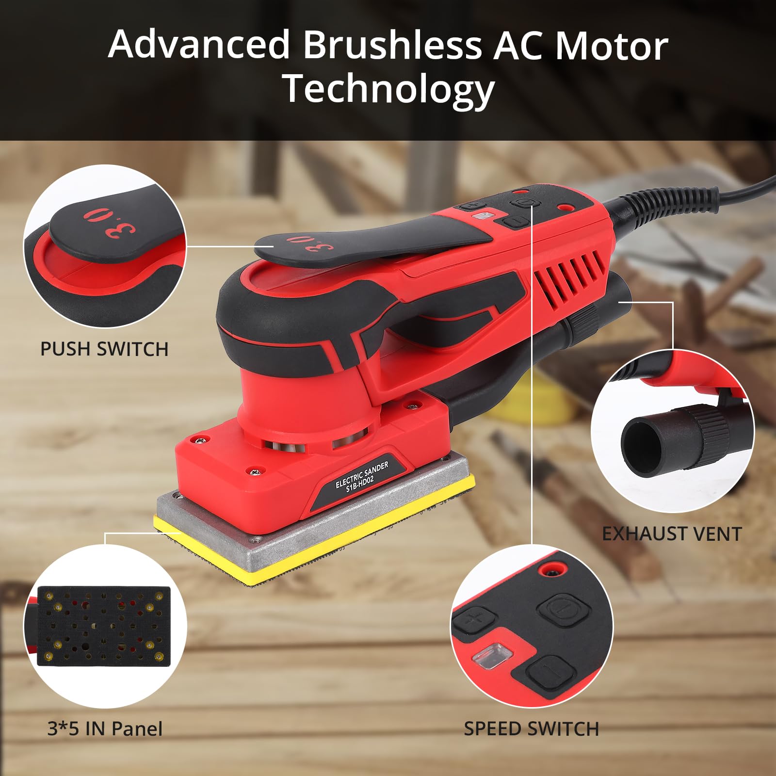 Ponceuse électrique Garvee à bande, moteur sans balais 350 W, 12 feuilles abrasives pour le travail du bois, vitesse de 4 000 à 10 000 tr/min, ponceuse de précision multifonction filaire.