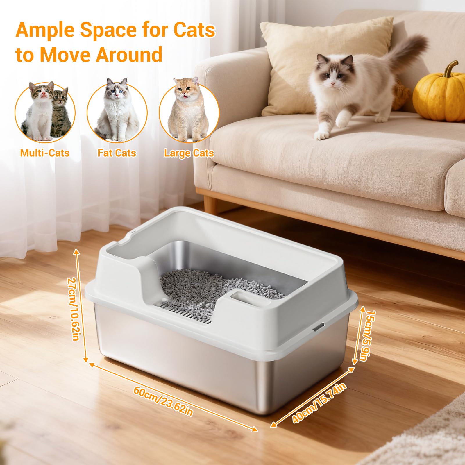 Bac à litière Garvee grand format en acier inoxydable 36 L, semi-fermé, avec tapis antidérapant et pelle à litière, idéal pour les foyers avec plusieurs chats, dimensions : 60 x 40 x 27 cm, blanc naturel