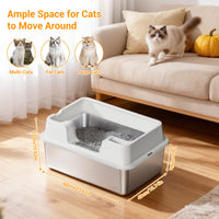 Bac à litière Garvee grand format en acier inoxydable 36 L, semi-fermé, avec tapis antidérapant et pelle à litière, idéal pour les foyers avec plusieurs chats, dimensions : 60 x 40 x 27 cm, blanc naturel