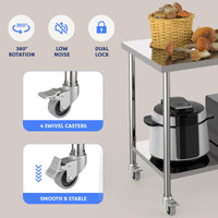 Garvee Table de travail en acier inoxydable, 152 x 61 x 89 cm, étagère réglable en hauteur, roulettes pivotantes à 360°, certifiée NSF