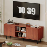 Garvee Meuble TV 140 cm cannelé Bois Massif avec Étagère Ajustable et 2 Portes, Supporte TV 165 cm, Design rétro moderne, Parfait Salon ou Chambre, Taille Compacte, Couleur Bois Naturel, Noyer - Noyer