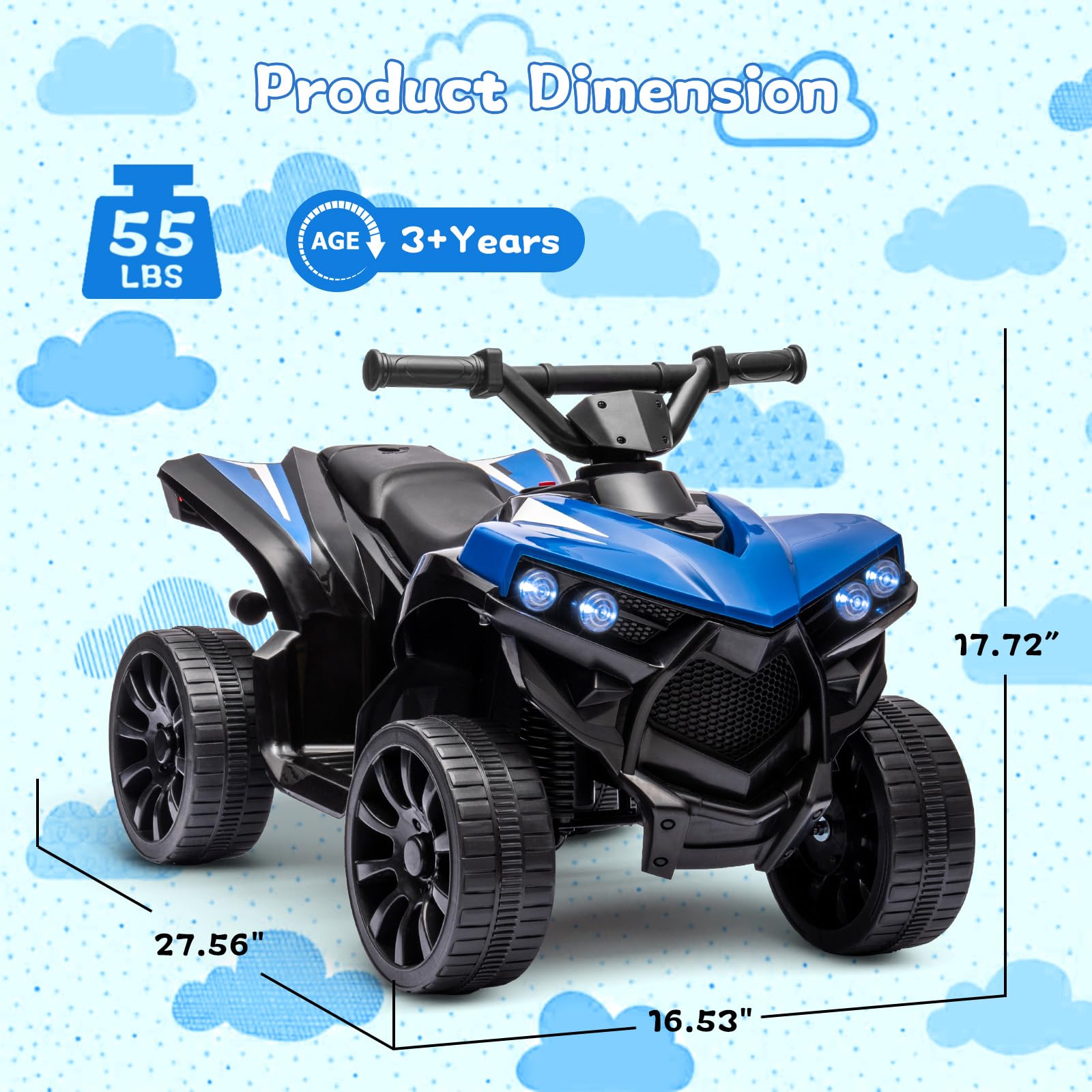 Garvee Quad électrique enfant 6 V avec éclairage LED, musique et conduite sécurisée, bleu, dès 3 ans