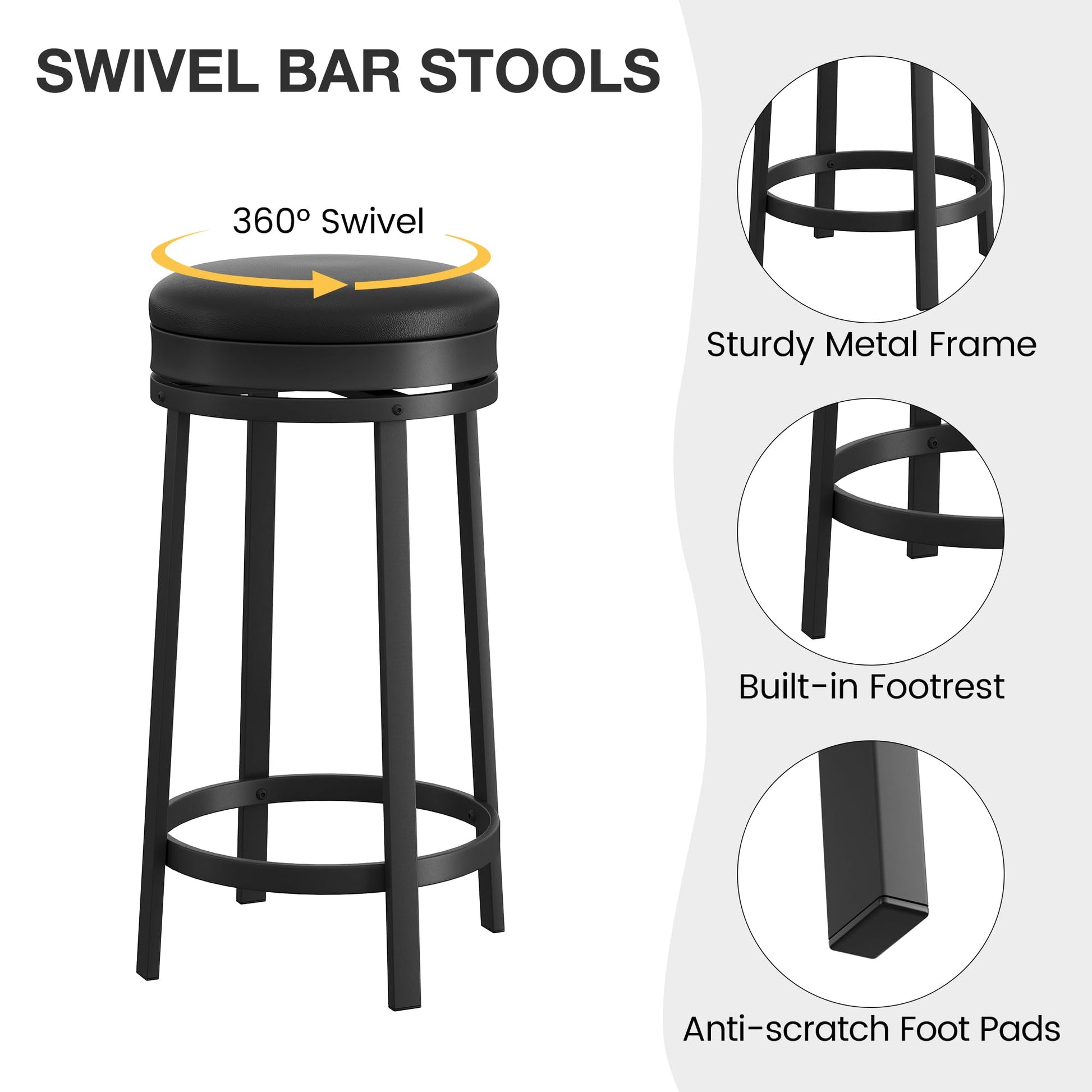 Garvee Lot de 2 tabourets de bar pivotants 61 cm, assise ronde en cuir PU noir, repose-pieds, cadre métal, sans dossier, pour îlot de cuisine