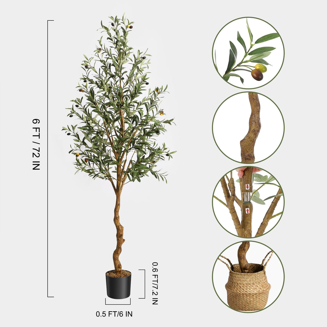 Garvee Olivier artificiel 183cm, tronc réaliste en PE, feuilles et fruits réalistes, matière soie, branches réglables, déco maison et bureau