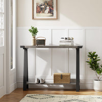 Console Garvee style ferme, 110 cm, avec rangement, 2 niveaux, structure en métal, MDF, brun rustique, pour entrée, salon ou couloir.