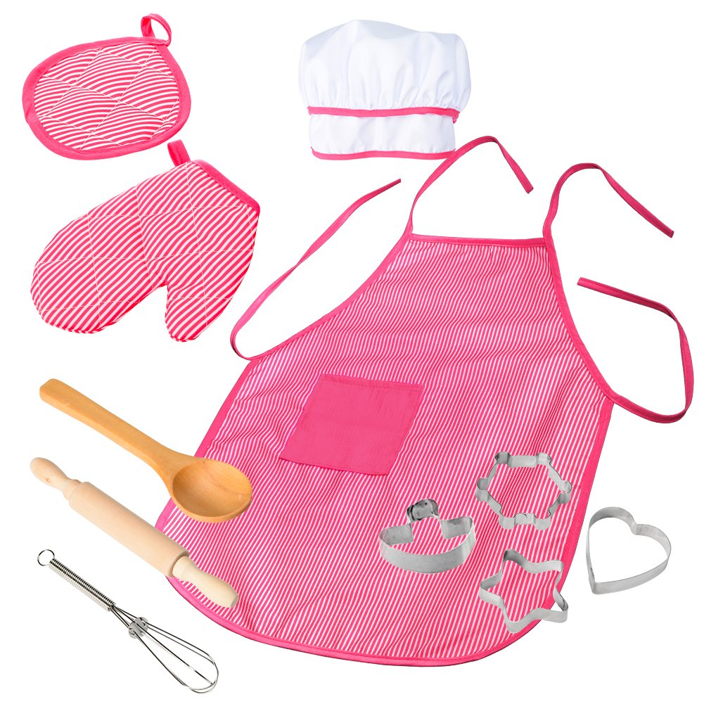 Ensemble de cuisine pour enfants Garvee, 11 pièces, avec toque et tablier de chef à rayures rouges pour jouer à la cuisine, lavable et sûr, rouge