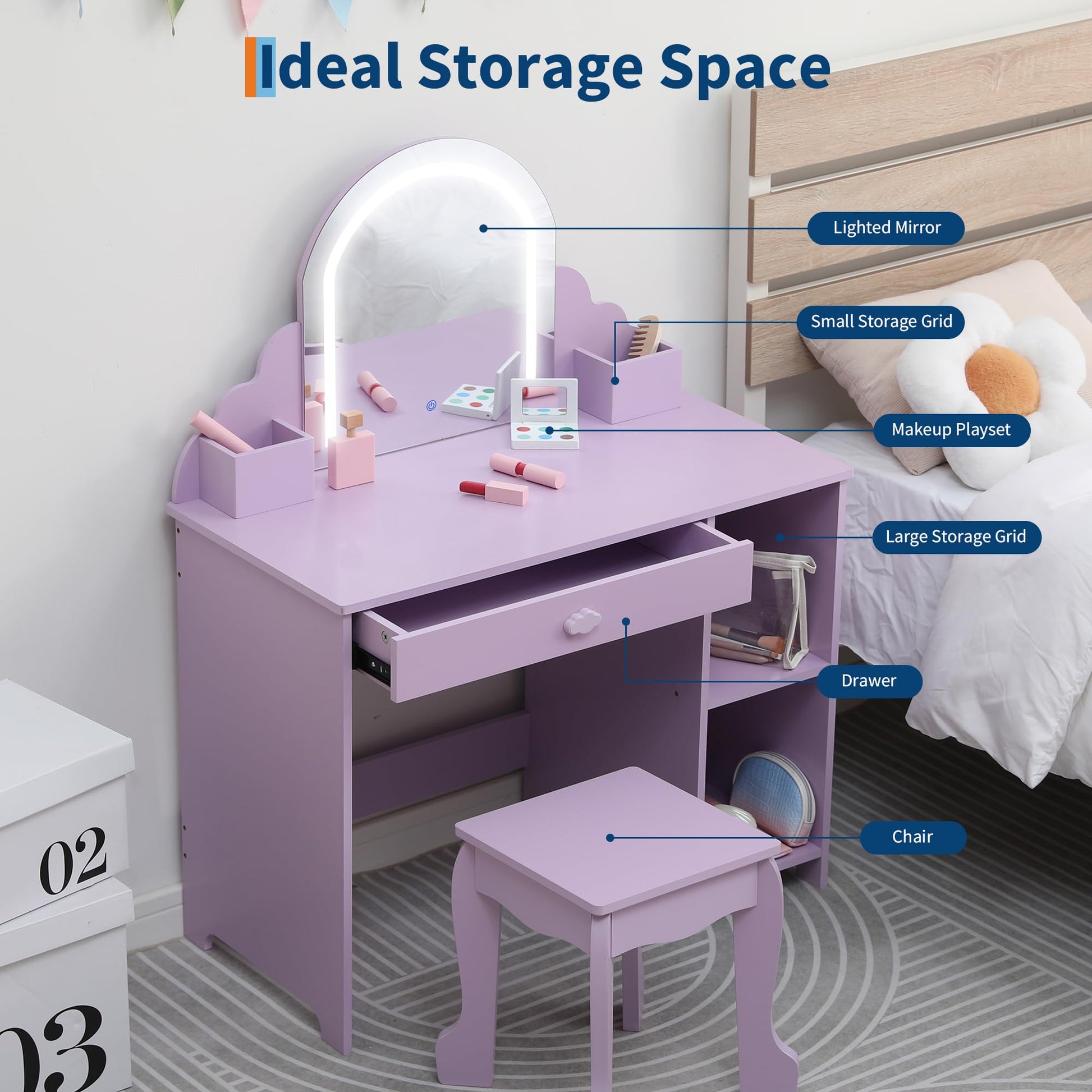 Garvee Coiffeuse Enfant avec Miroir Lumineux, Table et Tabouret 2 en 1, Grand Rangement, MDF Sûr, LED Réglable, pour Filles 3-9 Ans, Lilas