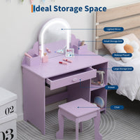 Garvee Coiffeuse Enfant avec Miroir Lumineux, Table et Tabouret 2 en 1, Grand Rangement, MDF Sûr, LED Réglable, pour Filles 3-9 Ans, Lilas