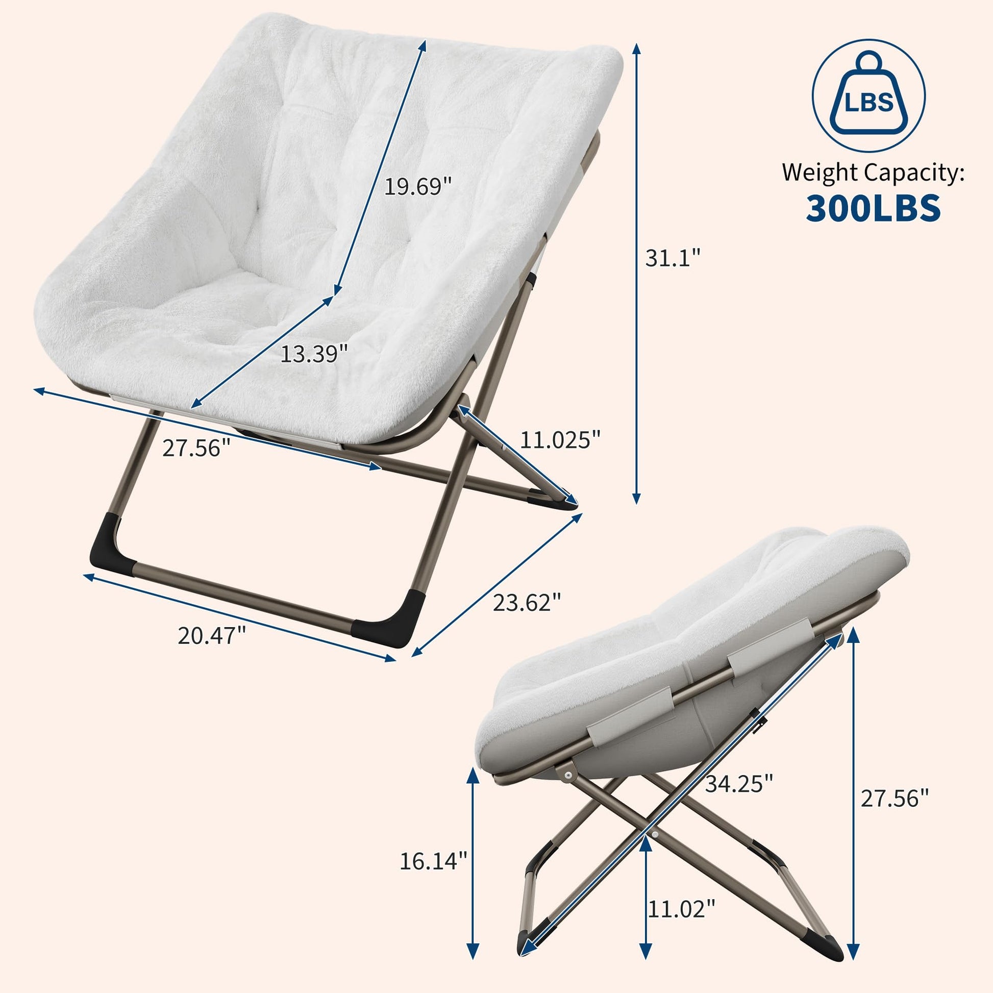 Garvee Fauteuil saucer pliable adulte avec coussin en fausse fourrure, dossier haut, structure en acier, compact et confortable pour appartement et chambre universitaire