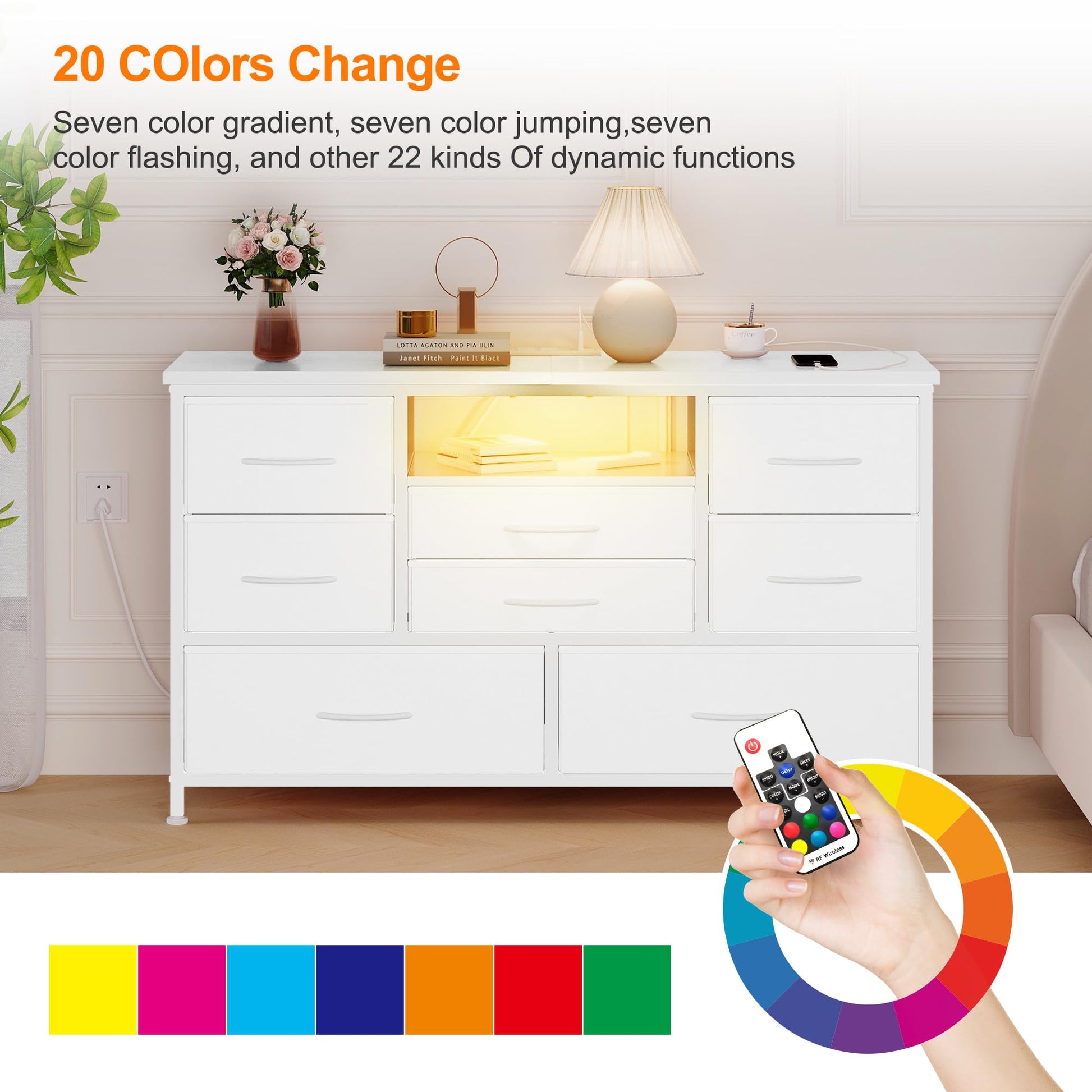 Garvee Meuble TV à 8 tiroirs avec éclairage LED et prise électrique pour salon et chambre, blanc, grand espace de rangement