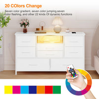 Garvee Meuble TV à 8 tiroirs avec éclairage LED et prise électrique pour salon et chambre, blanc, grand espace de rangement