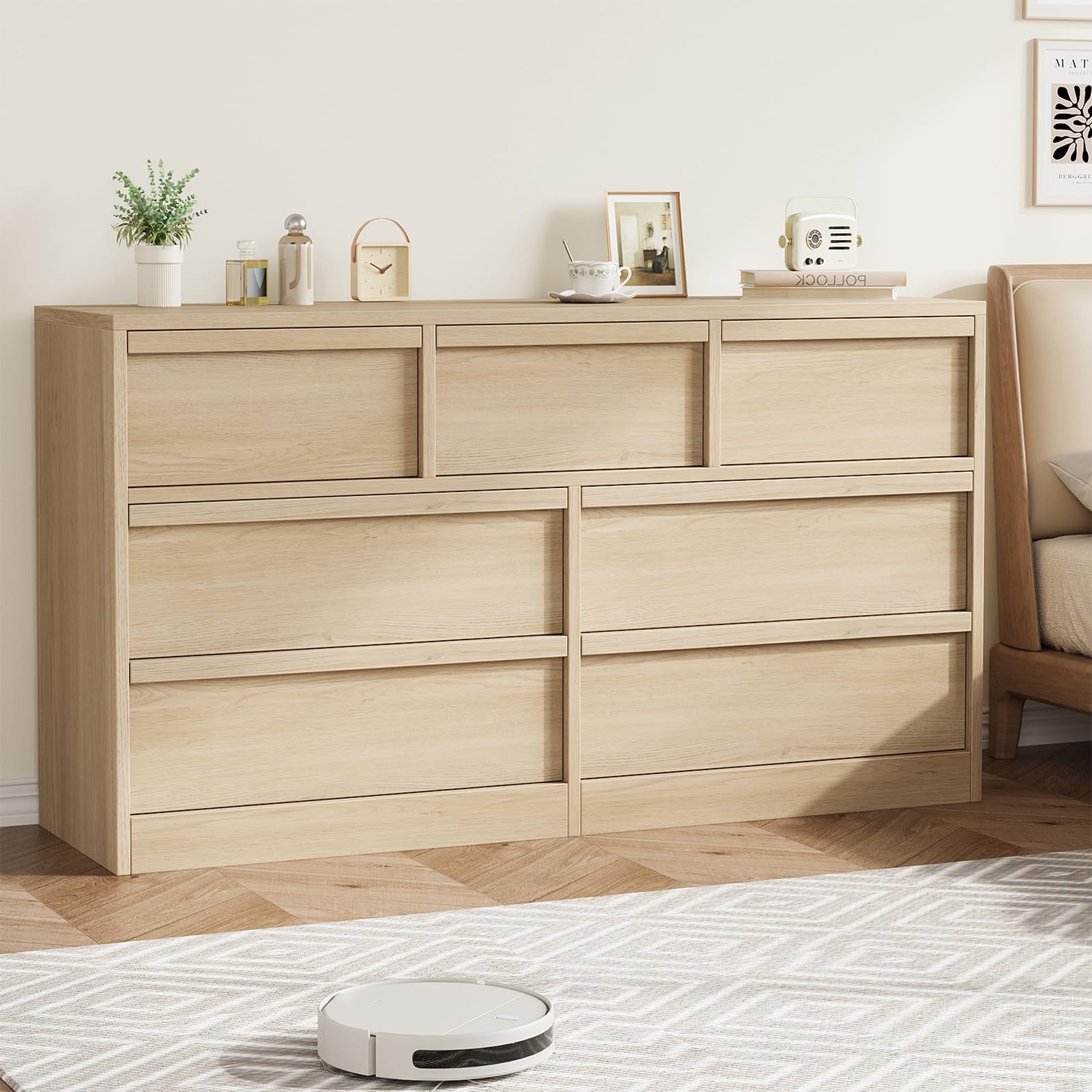 Garvee commode à 7 tiroirs, en chêne, grande capacité de rangement, anti-basculement, idéale pour la chambre et le salon, 137 × 40 × 78 cm, bois naturel