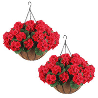 Garvee Lot de 2 fleurs de géranium artificielles, résistantes aux intempéries, panier marron, à suspendre, pour jardin et terrasse, réalistes, rouges