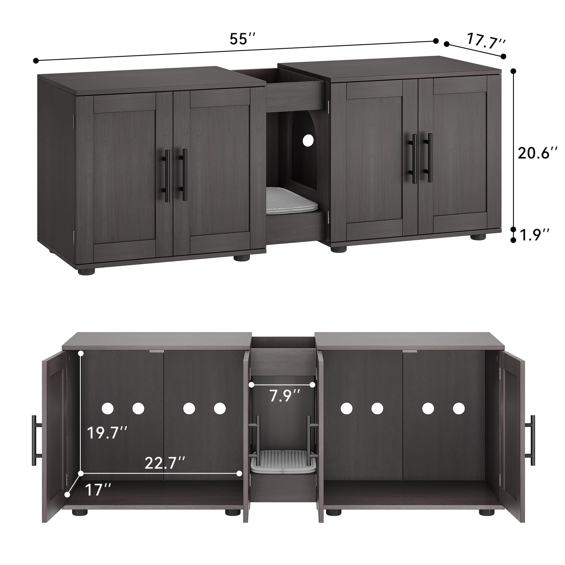Garvee Meuble cache-litière 3-en-1 à double compartiment avec portes de grange, maison pour chat, coloris noyer
