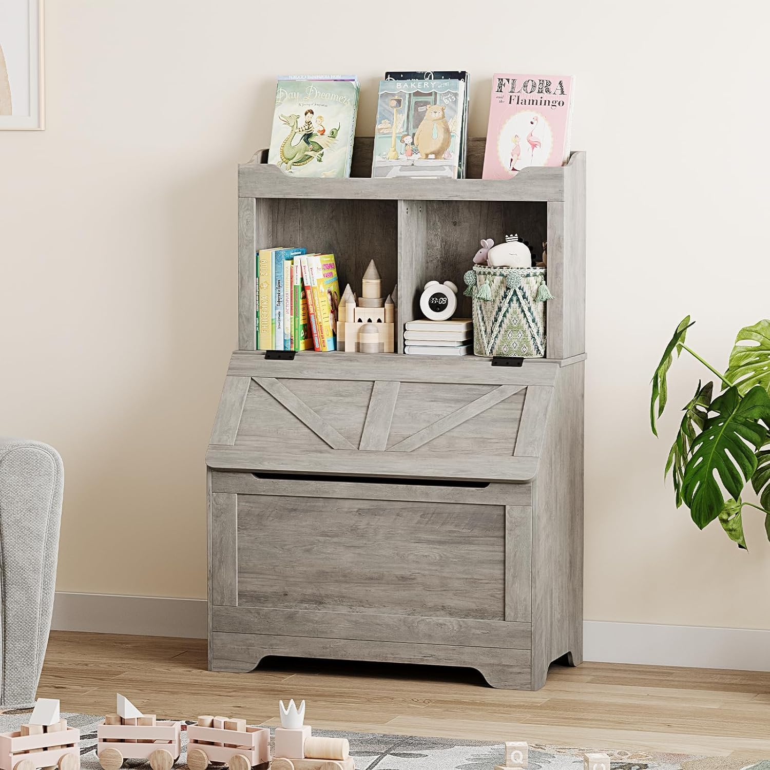 Étagère pour enfants Garvee avec couvercle à charnières, 2 niveaux, en bois, robuste et résistante aux rayures, protection anti-basculement pour salles de jeux et chambres d'enfants, grand format, bois naturel