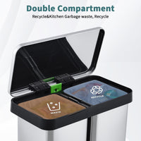 Poubelle de cuisine Garvee 2 x 36 L avec système de tri des déchets, en acier inoxydable, à pédale, double compartiment, sans contact et silencieuse, couleur argent.