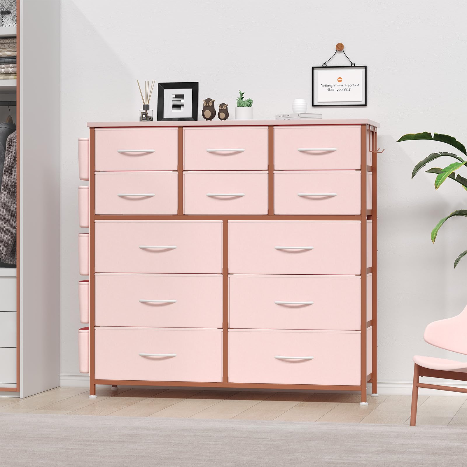 Garvee commode à 12 tiroirs, en tissu, structure en métal, plateau en bois avec poches latérales et crochets, pour la chambre, rose