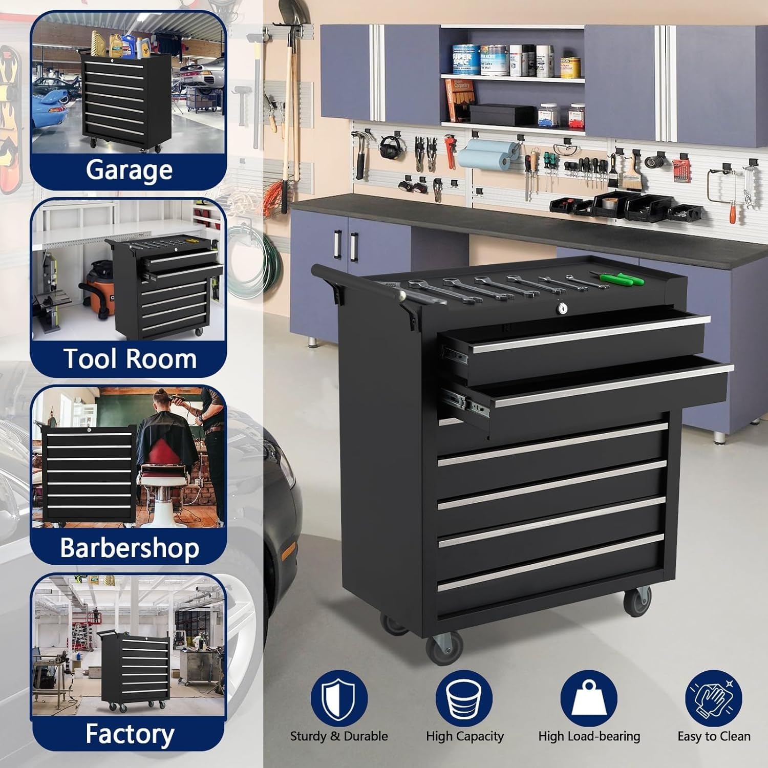 Garvee chariot à outils 5 tiroirs en métal noir, avec roulettes et serrure, pour atelier et garage