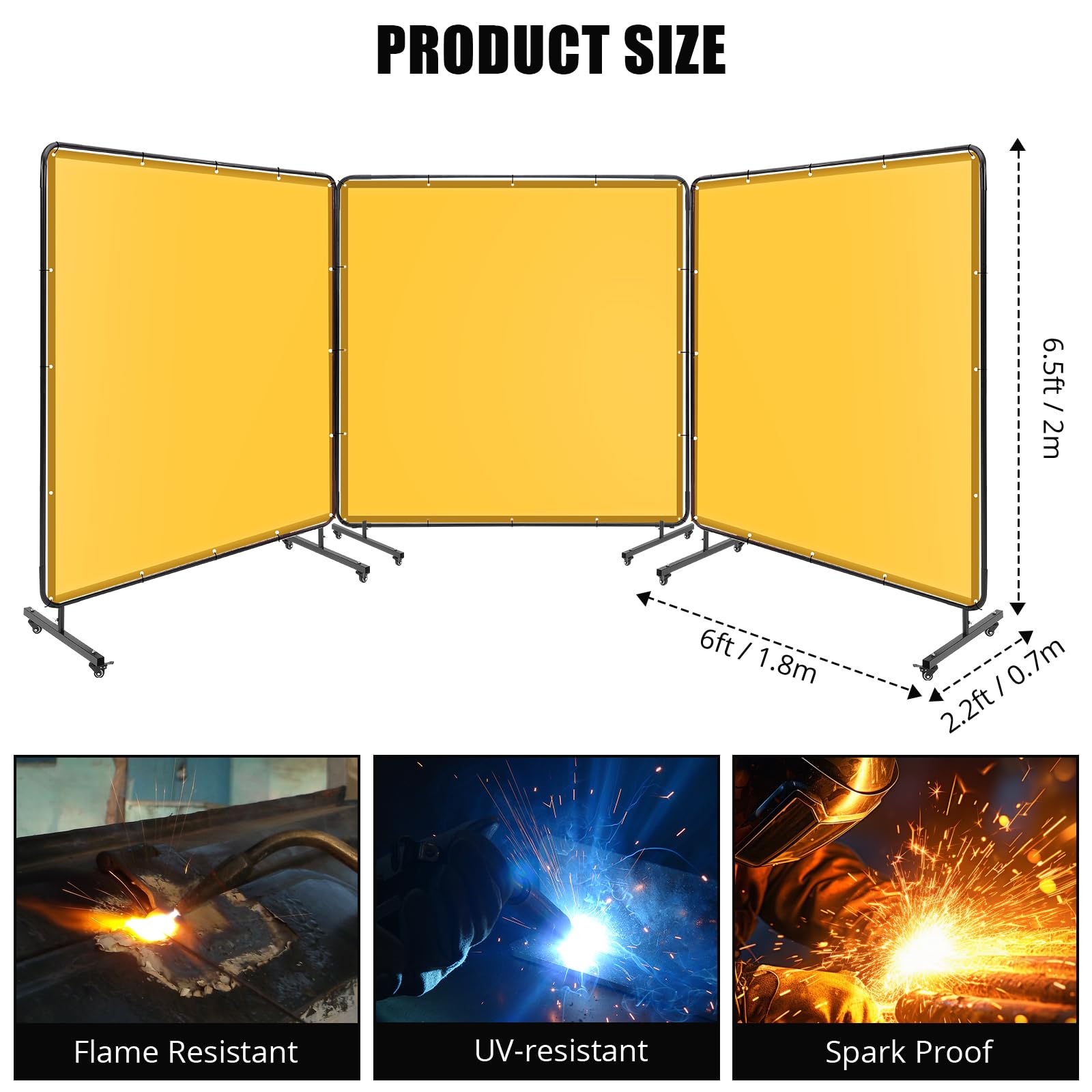 Écran de soudage Garvee à 3 panneaux de 1,8 x 1,8 m avec cadre en acier, ignifugé, protection UV, PVC transparent, sur roulettes pour une utilisation sans obstacle en atelier