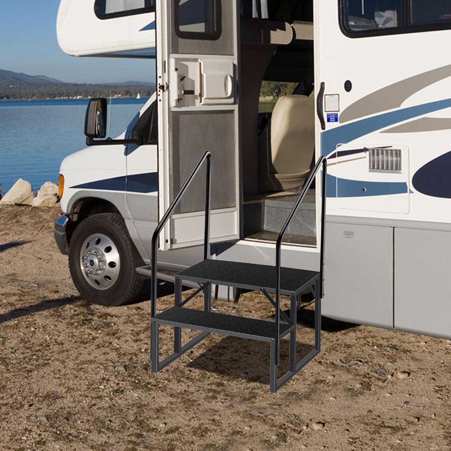 Escalier Garvee à 2 marches pour camping-car avec rampe, capacité de charge de 300 kg, marches larges antidérapantes, acier allié, portable pour caravanes et spas