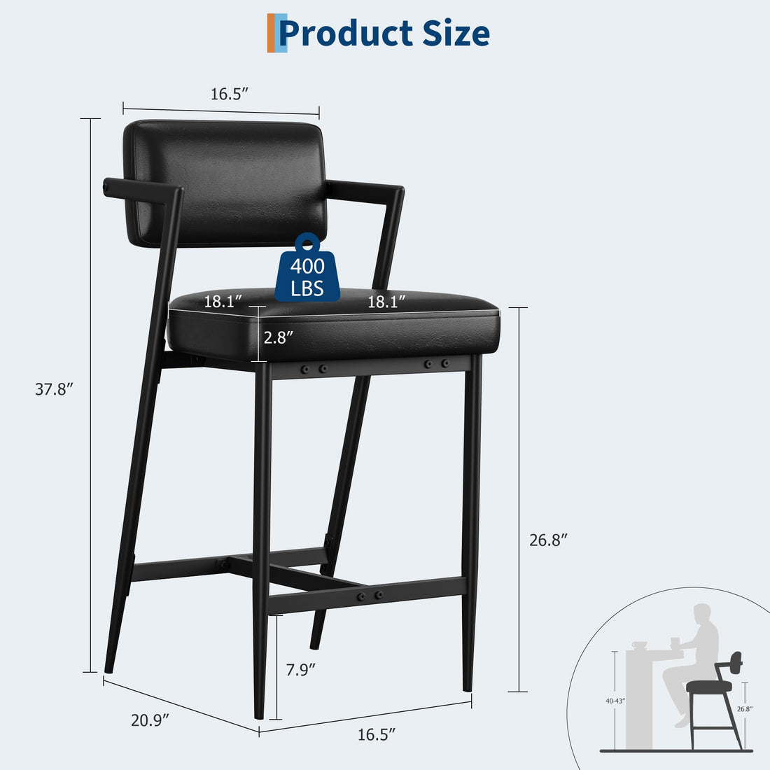 Garvee Ensemble de 2 tabourets de bar, chaises rembourrées avec dossier et repose-pieds pour cuisine et bar, 68 cm, cuir PU noir résistant à l'eau, Retro Noir, 2 pièces