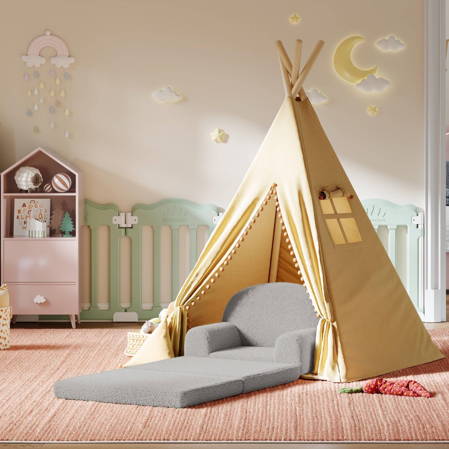 Fauteuil-canapé Garvee pour enfants, 2 en 1, pliable, en tissu polaire doux et confortable, gris, pour salle de jeux ou chambre.