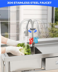 Garvee Évier utilitaire sur pieds 99 cm en acier inoxydable avec tiroirs, cuve simple, étagère inférieure, eau chaude/froide, argenté