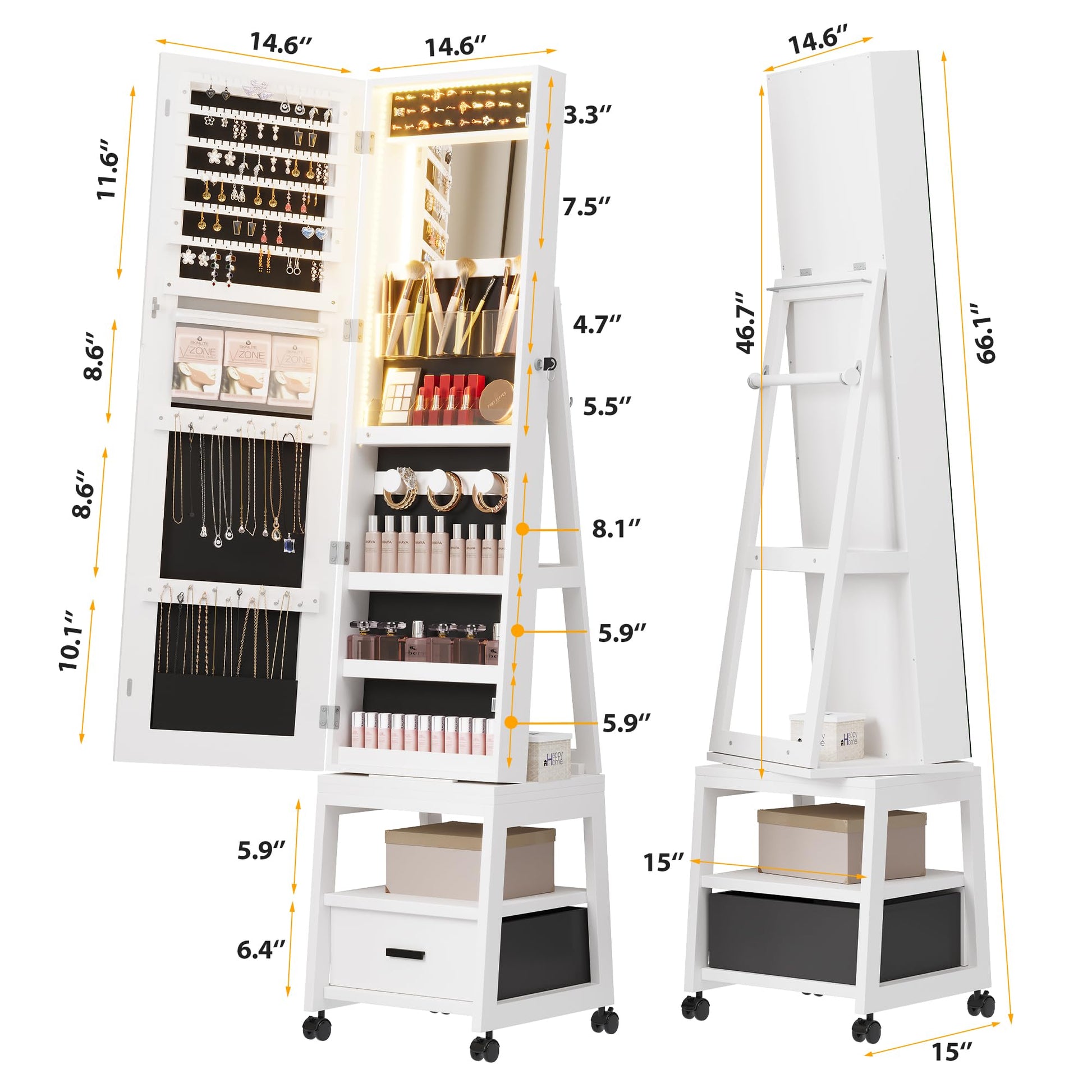Armoire à bijoux pivotante à 360° Garvee avec éclairage LED, miroir de maquillage, miroir pleine longueur, intérieur en velours, verrouillable, sur roulettes, blanche - Idéale pour les chambres