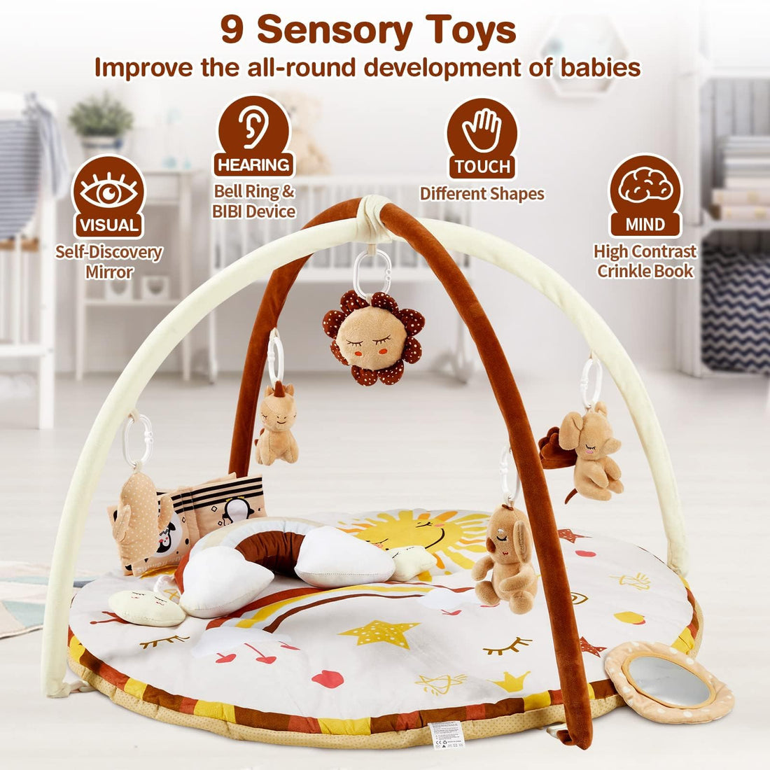Garvee Tapis d'éveil pour bébé avec 9 jouets détachables, développement sensoriel et moteur, antidérapant, en polyester doux, pour la maison, couleurs neutres