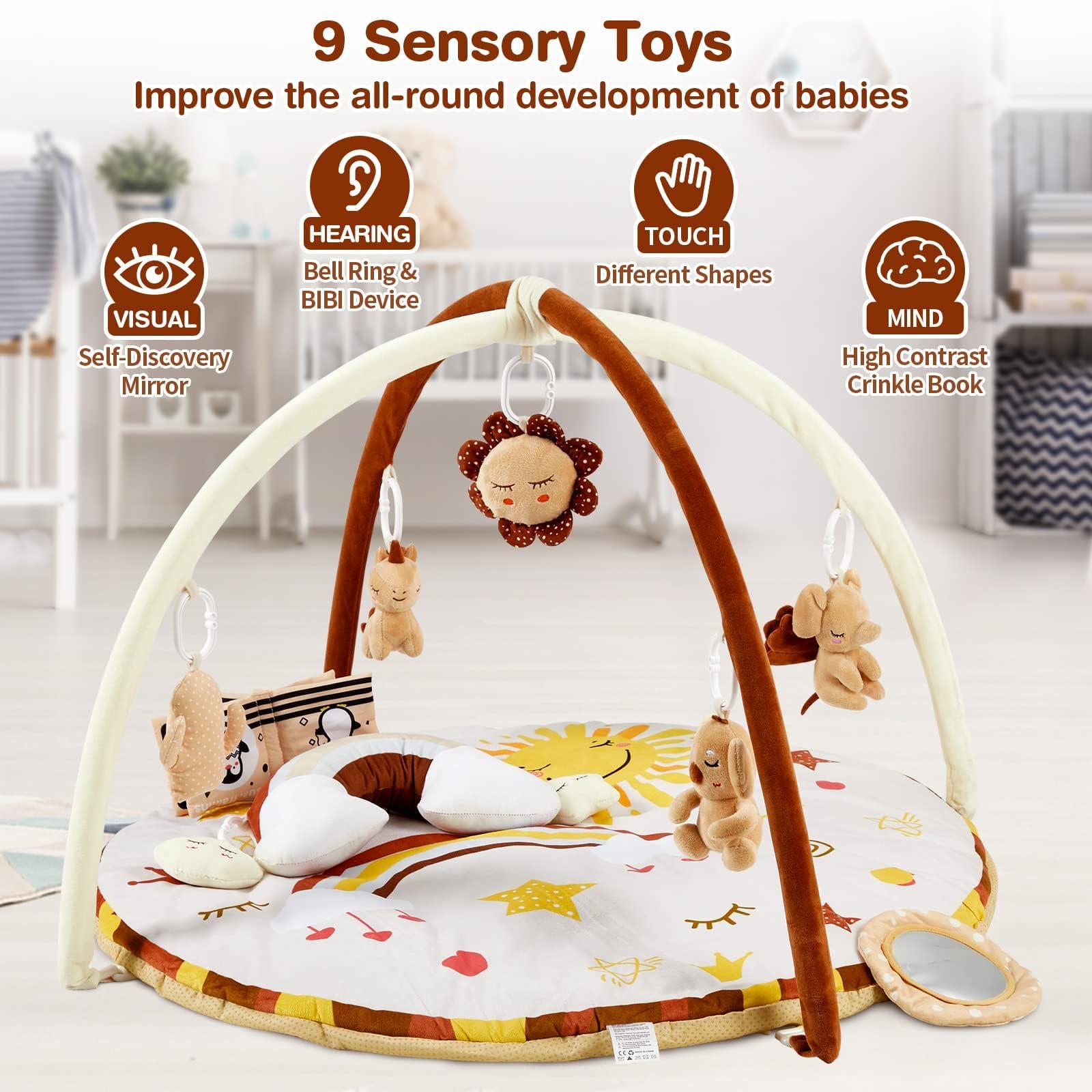 Tapis d'éveil Garvee pour bébé avec 9 jouets détachables, développement sensoriel et moteur, antidérapant, en polyester doux, pour la maison, couleurs neutres