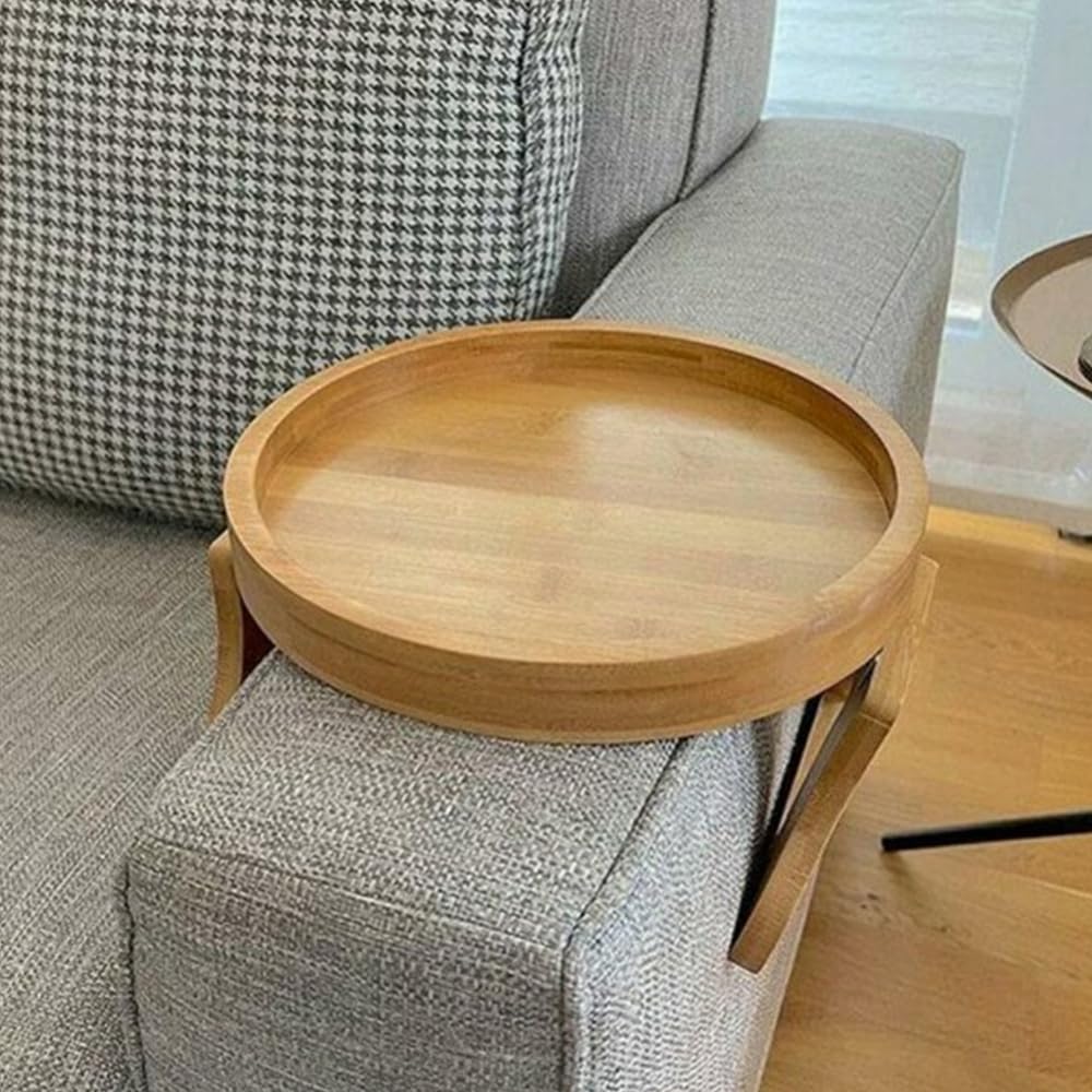 Garvee Plateau d’accoudoir pour canapé en bambou 25 × 25 × 12,5 cm, fixation à pince, table d’appoint compacte