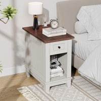 Garvee table d'appoint étroite avec station de charge, 2 ports USB et 2 ports secteur, en MDF, elle est disponible en plusieurs coloris de bois