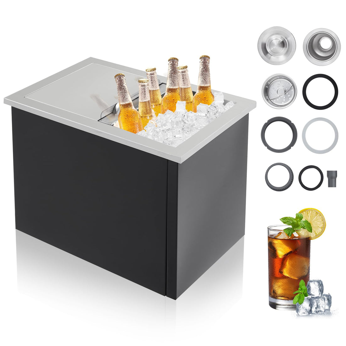 Garvee Bac à glace encastrable 26 L en acier inoxydable 304, couvercle coulissant, 45 × 30 × 35 cm, pour bar et barbecue extérieur, noir et argenté