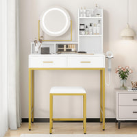 Meuble de coiffure moderne Garvee avec miroir pivotant à 360°, ports USB, 2 tiroirs, bois, tabouret confortable pour chambre et dressing, noir et blanc